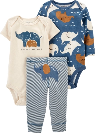 Carter’s set de tres piezas para niño Blue Elephant: body de manga larga y corta y pantalones de chándal
