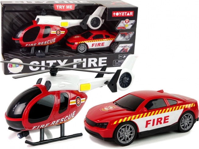 Set de rescate de bomberos – helicóptero y coche con luces y sonidos