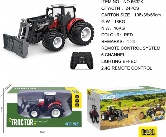 Tractor teledirigido con pala 1:24 rojo
