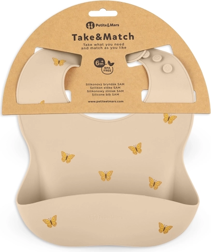 Babero de silicona Petite&Mars Take&Match sand butterflies 6m+