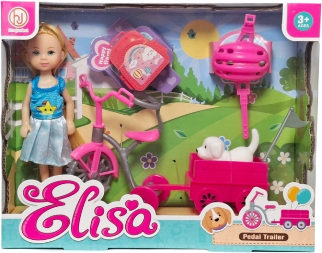 Muñeca con bicicleta, remolque y accesorios