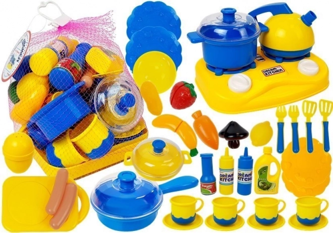 Cocinita de plástico para niños Pequeño cocinero – set de vajilla y alimentos