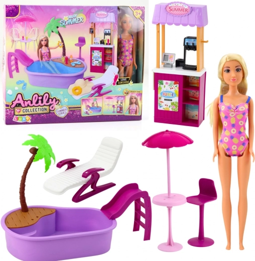 Muñeca ANLILY en la playa con piscina y puesto de bebidas