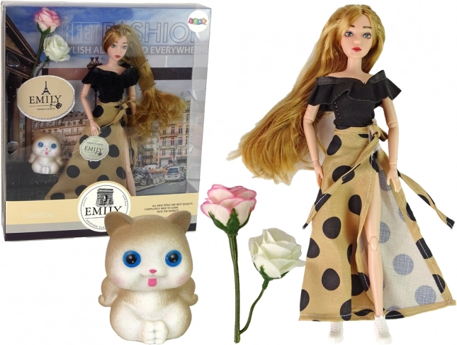 Muñeca de tela Emily con gatito y rosas, pelo largo