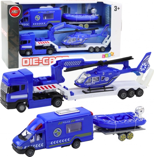Set de vehículos de rescate con helicóptero policial azul