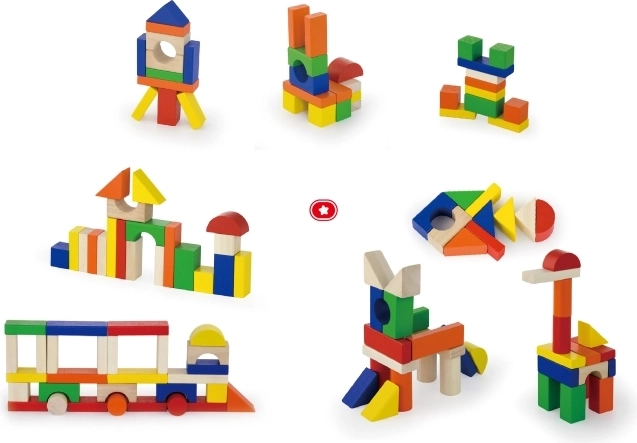 Juego de construcción de madera – 100 bloques de colores en un cubo