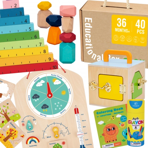 Caja educativa Montessori 6 en 1 de Tooky Toy: caja con cierres, piedras de equilibrio, tablero del tiempo, conteo 1–10, láminas para colorear y librito