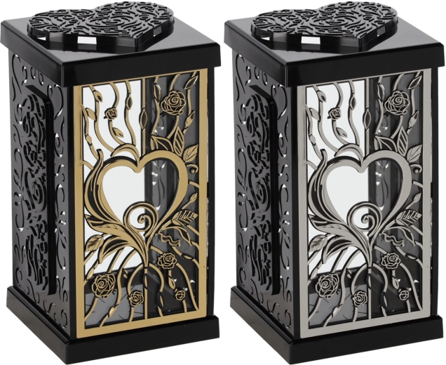 Farol 30 cm con rosa grande, negro‑plateado / negro‑dorado