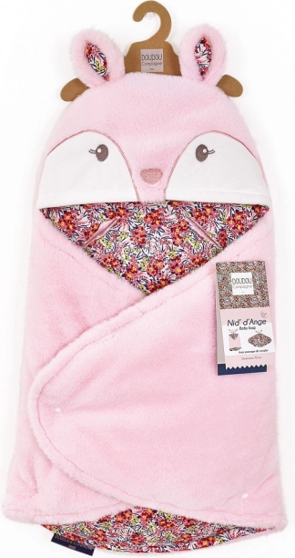 Doudou: manta de felpa rosa con capucha Boh'aime 70 cm