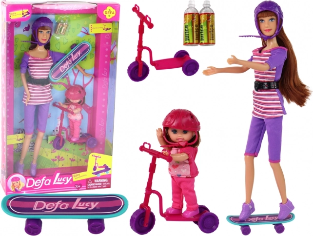 Set de Muñecas Defa Lucy con Patinete Rosa y Monopatín