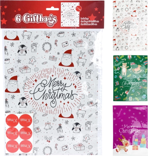 Bolsitas de celofán para regalo con pegatinas, mix de motivos navideños, 32 × 24 cm, 6 + 6 uds