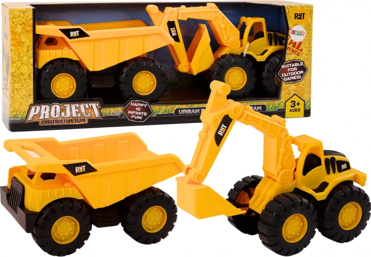 Set de construcción: excavadora amarilla y volquete con piezas móviles