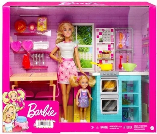 Barbie y Chelsea: set para hornear juntas con cocina y mesita de comedor