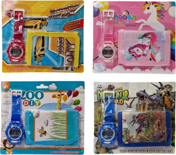 set infantil de cartera y reloj con motivos de animales, coches y unicornios
