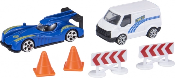 TEAMSTERZ RAPID RACERS – set de carreras: coche y furgoneta de apoyo con conos y barreras