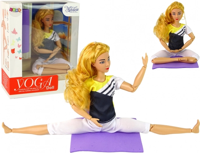 Muñeca de yoga articulada con cabello largo rubio y esterilla