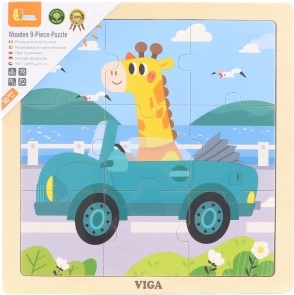 Puzzle de madera con jirafa en coche, 9 piezas