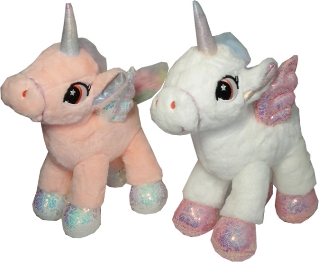 Unicornio de peluche con pezuñas y alas brillantes