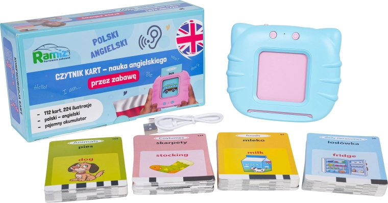 Lector educativo de tarjetas azul para aprender inglés y polaco