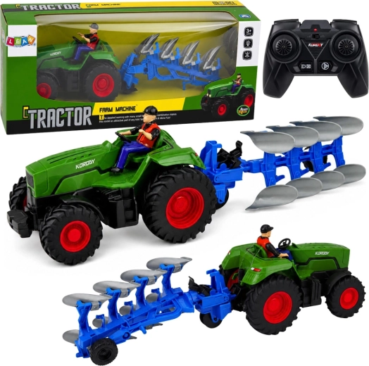 Tractor agrícola RC verde con arado y granjero 1:24