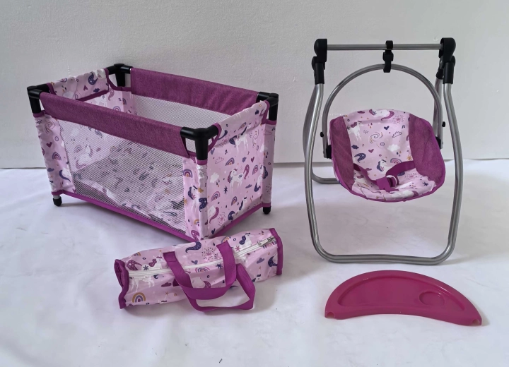 Set para muñecas Unicorns – cuna de viaje y silla 2 en 1