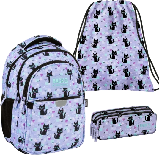Set escolar BackUP Magic Cats 3v1 – mochila, estuche y bolsa