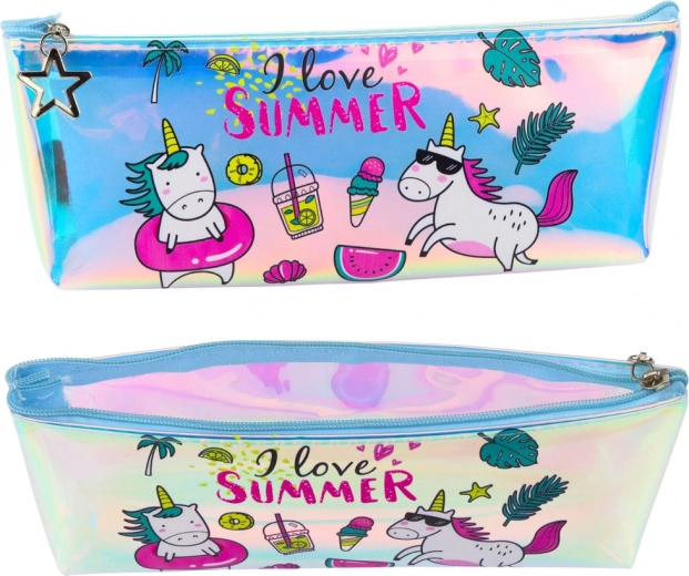 Estuche holográfico para niña con motivo veraniego y unicornios 20 × 8 cm