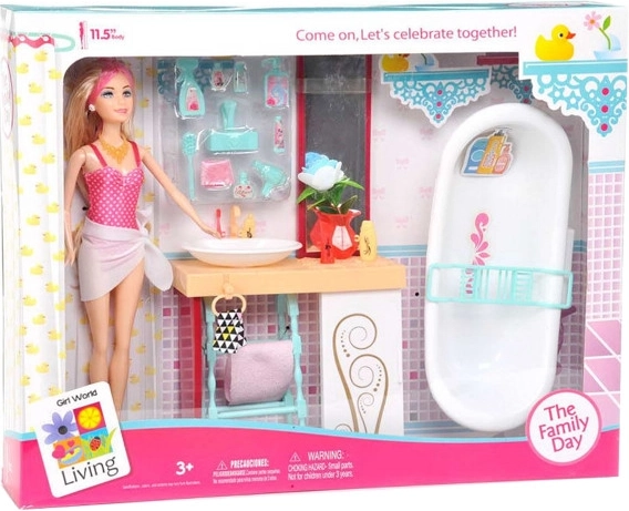Muñeca con muebles de baño y accesorios