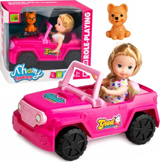 Mini muñeca en un descapotable todoterreno rosa con un perro