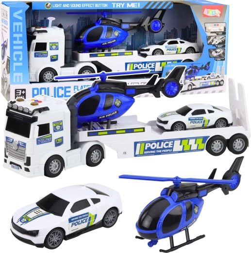 Camión de transporte policial con portacoches, coche y helicóptero con luces y sonidos
