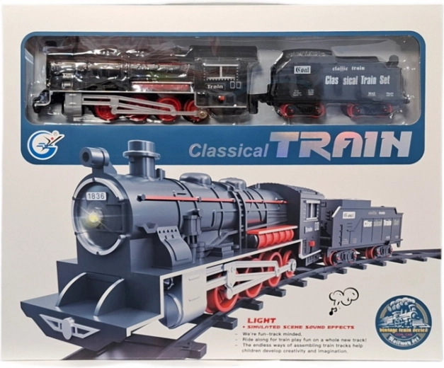 Circuito clásico de tren a pilas con locomotora de vapor y vagón