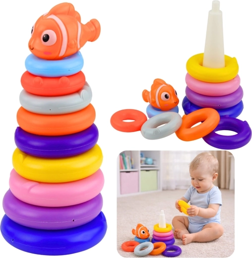 Torre educativa apilable de anillos de colores con pececita, 10 piezas