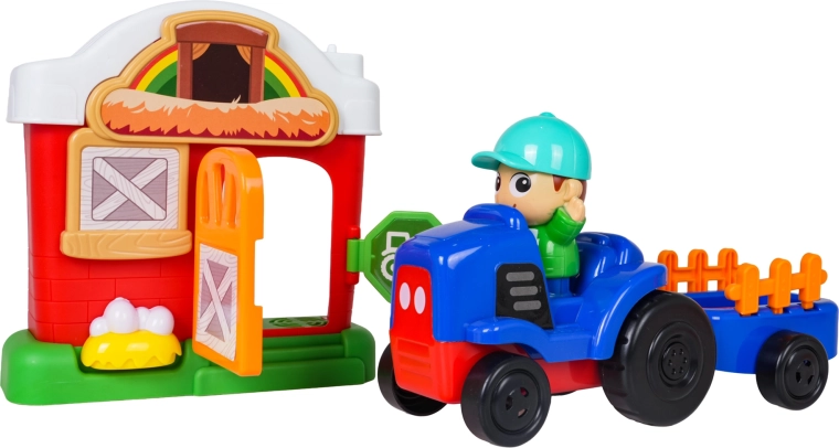 Tractor con remolque y establo con puertas abatibles