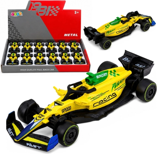 Coche de carreras de fórmula metálico pull back 1:43 amarillo