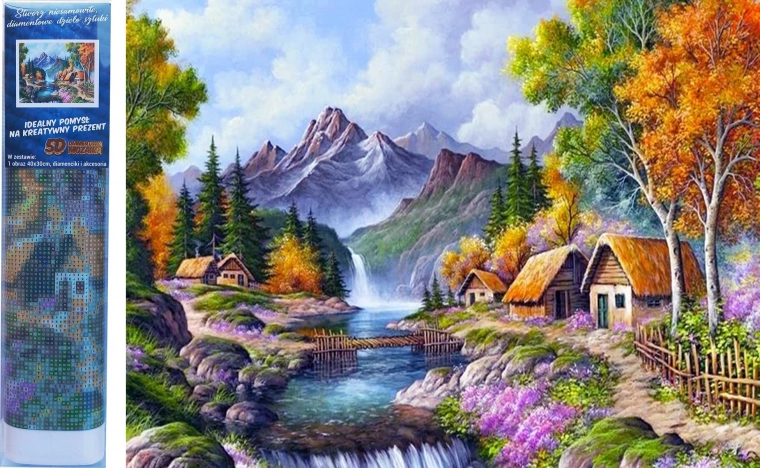 Pintura de diamantes Cabaña junto al río de montaña 30 × 40 cm