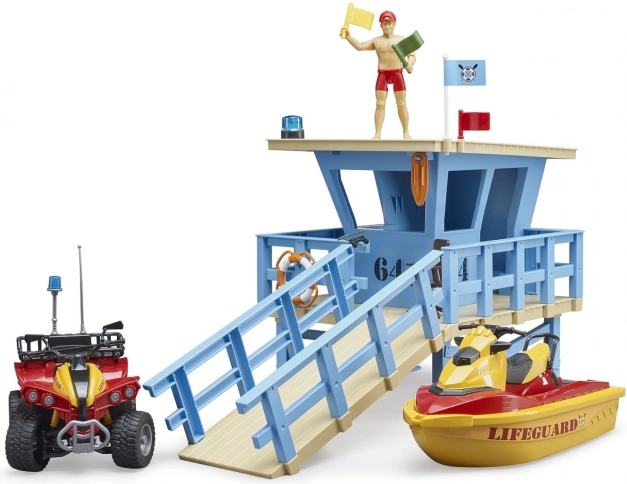 Torre de salvavidas flotante con quad, moto acuática y figura