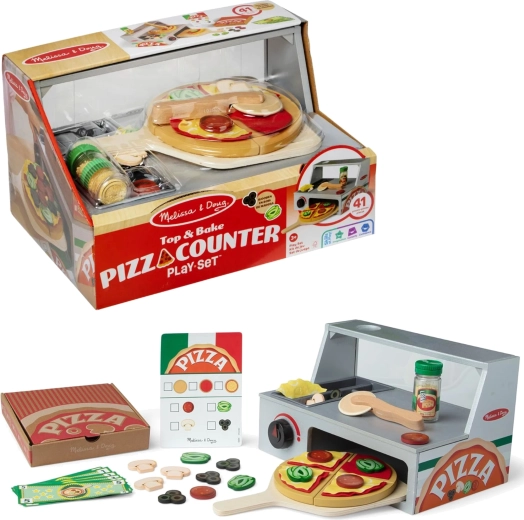 Pizzería de madera Melissa & Doug – mostrador de pizza con horno y accesorios (41 piezas)