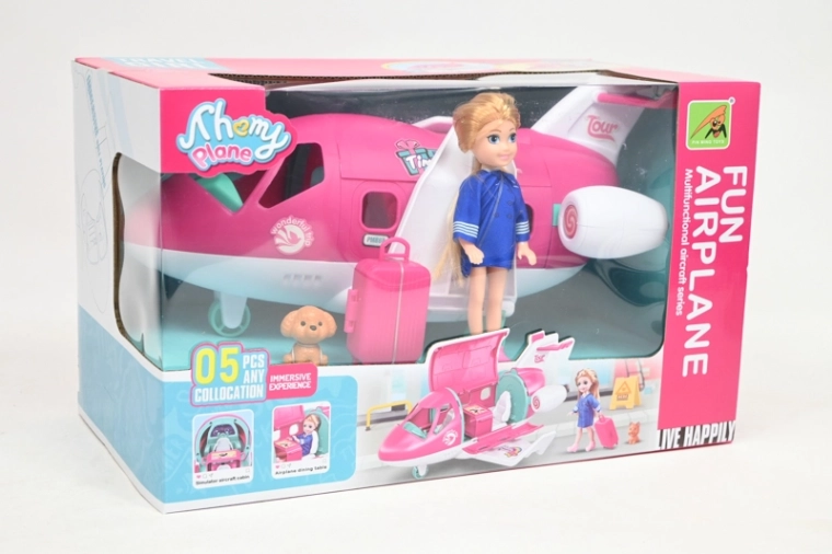 Muñeca con avión y accesorios