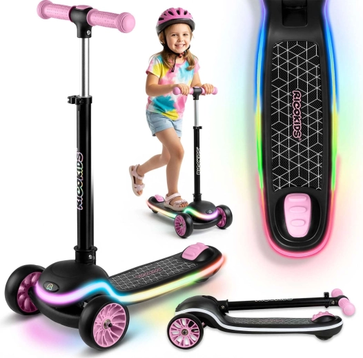 Patinete infantil de equilibrio de tres ruedas con iluminación LED RICOKIDS Leddi – negro‑rosa