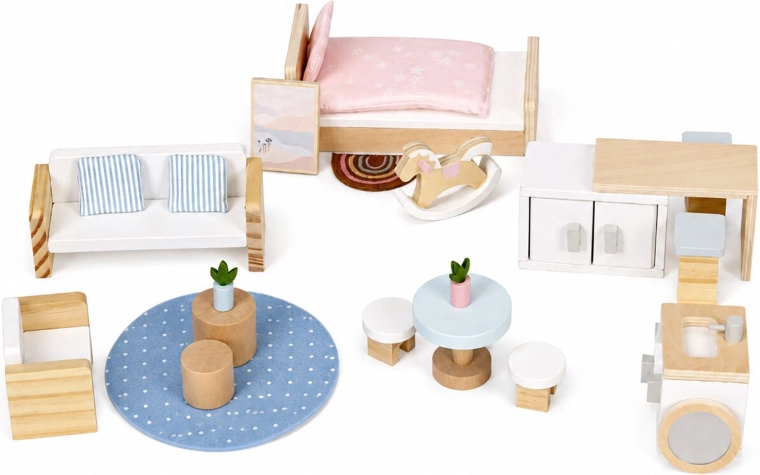 20 accesorios, incluidos muebles de madera