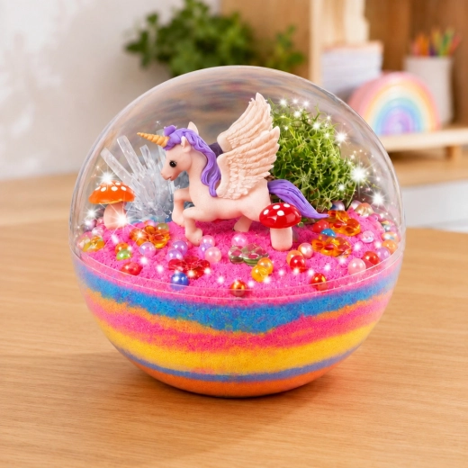 Decoración terminada con unicornio bajo una cubierta transparente