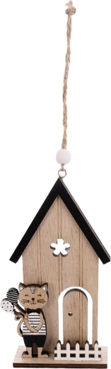 Casita colgante de madera con gato beige