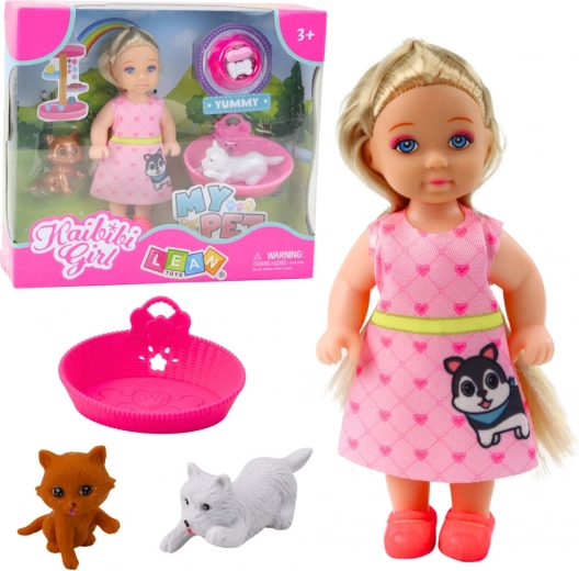 Mini muñeca con perro y gato con accesorios