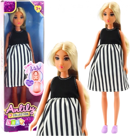 Muñeca Anlily embarazada con vestido a rayas blanco y negro con bebé