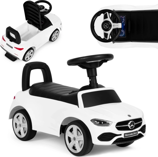 Correpasillos infantil estilo Mercedes Clase C, volante interactivo, sonidos, blanco
