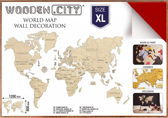 Mapa del mundo de madera XL 120 × 80 cm roja WOODEN CITY