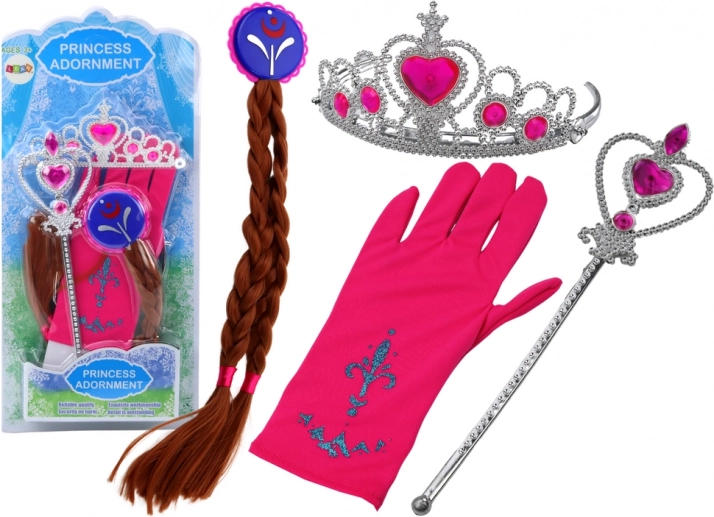Set de accesorios para pequeña princesa: varita mágica, guante, corona y trenza postiza