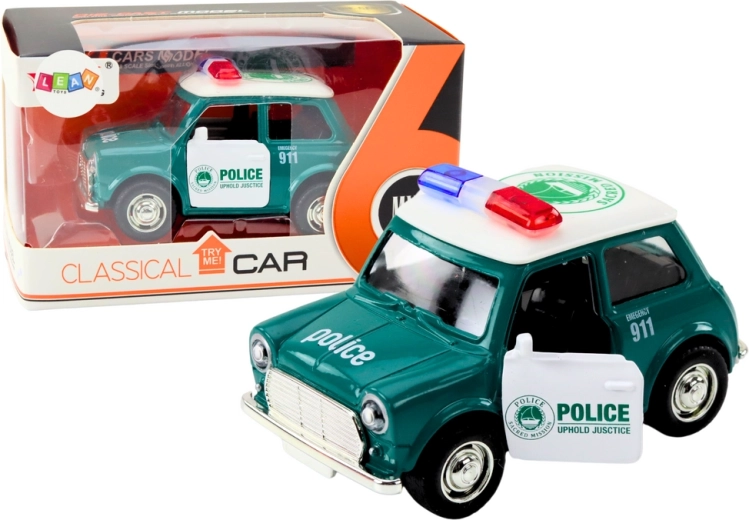 Coche de policía clásico 1:38 con tracción, luces y sonidos verde
