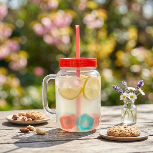 Vaso rojo con pajita y cubitos de hielo reutilizables, 550 ml