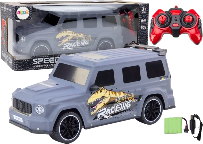 Coche RC con motivo de dinosaurio 1:10, gris